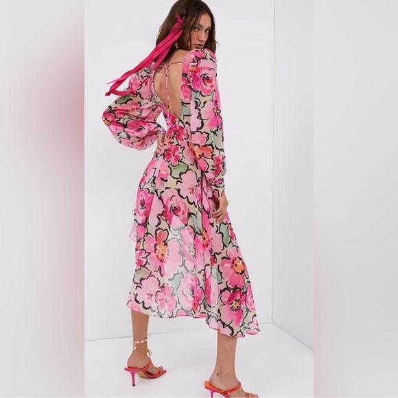 NWT For Love & Lemons Tiana Printed Flowy Ruffles Sheer Tie Front Midi Dress - S - Picture 4 of 9